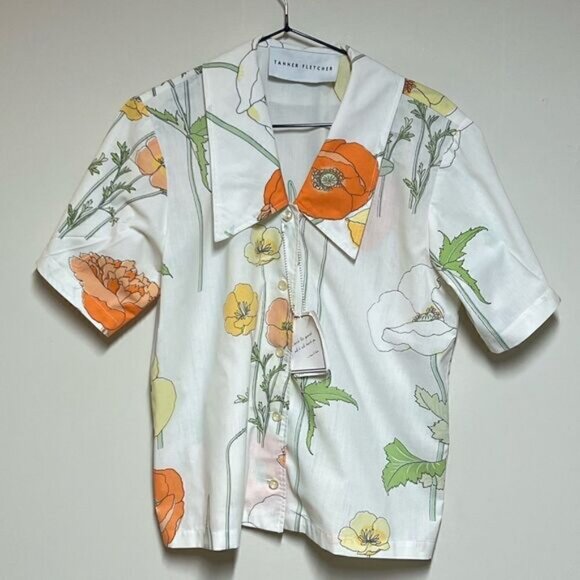 Rare NWT Tanner Fletcher WHITE JOYCE SHIRT IN ORANGE POPPIES Mens Sz XS Women - Picture 2 of 8